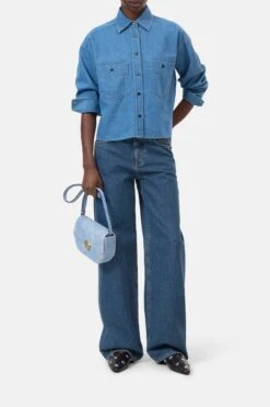 Verkürzte Denim-Bluse Mid Blue