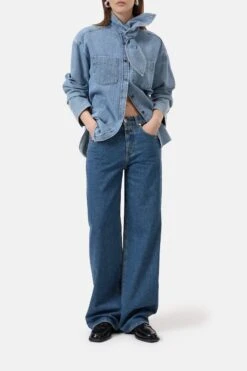 Denim-Bluse Mit Schalkragen Light Blue